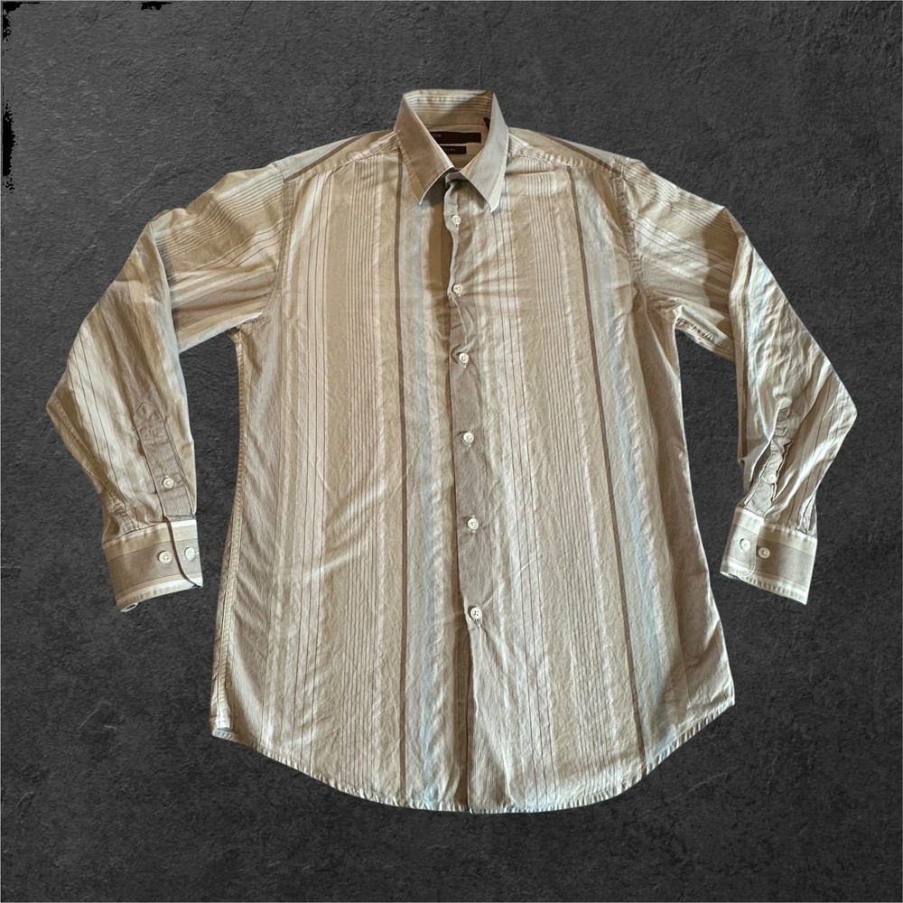 Perry Ellis Button Down Shirt Mens Small Tan Beige City Fit Striped